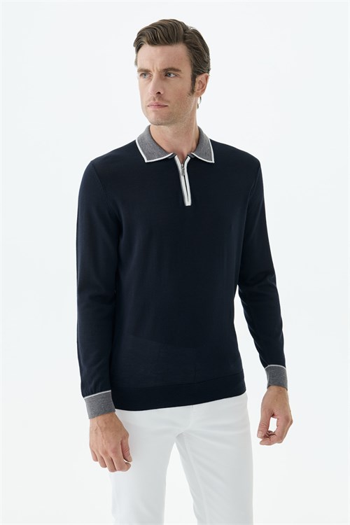 Lacivert Slim Fit Polo Yaka Fermuarlı Triko Kazak