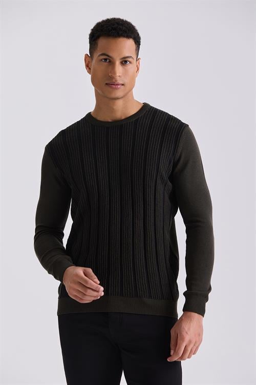 Haki Slim Fit Bisiklet Yaka Çizgi Desenli Triko Kazak