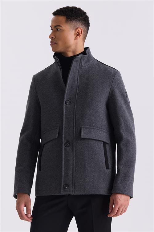 Antrasit Regular Fit Hakim Yaka Yünlü Spor Kaban