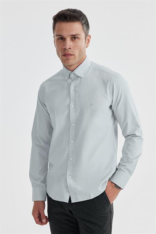 Gri Slim Fit Desenli Pamuklu Düğmeli Yaka Gömlek
