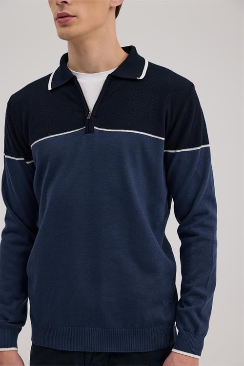 Mavi Slim Fit Fermuarlı Polo Yaka Triko