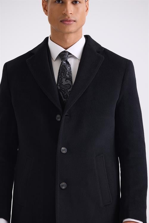 Siyah Comfort Fit Mono Yaka Yan Cep Kaşe Kaban