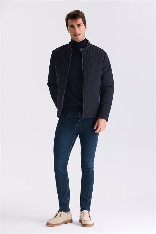 Lacivert Comfort Fit Dik Yaka Önü Fermuarlı Mevsimlik Mont