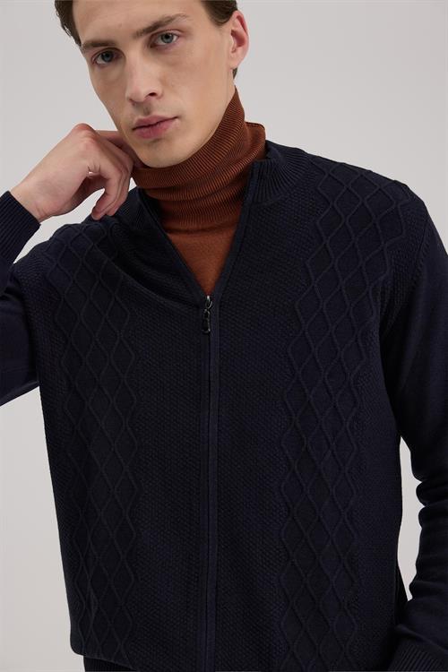 Lacivert Regular Fit Desenli Fermuarlı Triko Hırka
