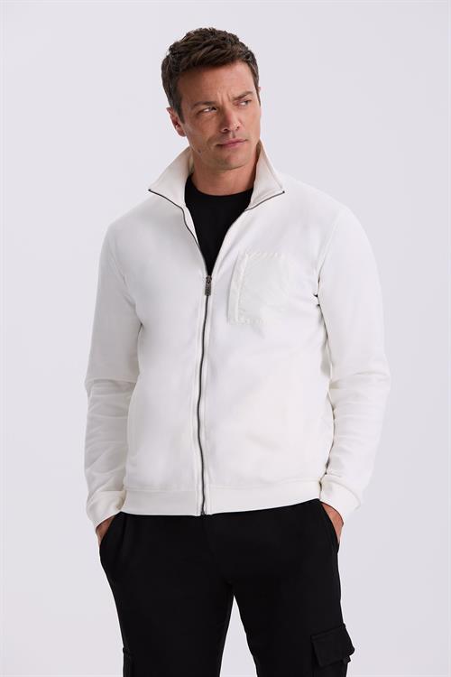 Ekru Slim Fit Fermuarlı Pamuklu Likralı Eşofman Üstü