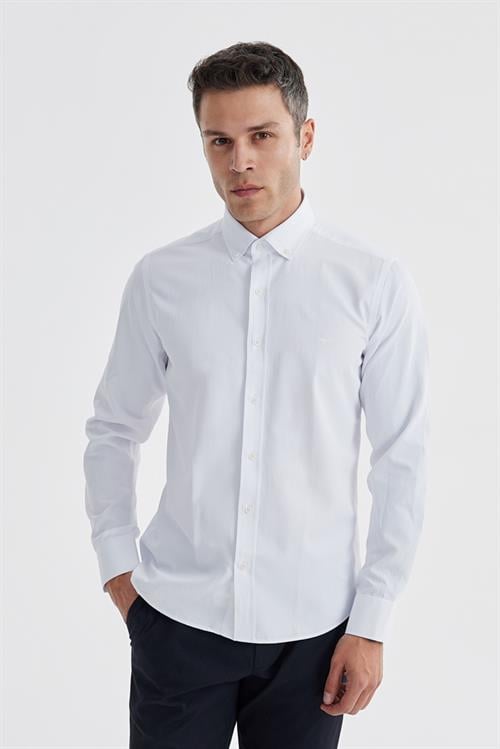 Beyaz Slim Fit Desenli Pamuklu Düğmeli Yaka Gömlek 