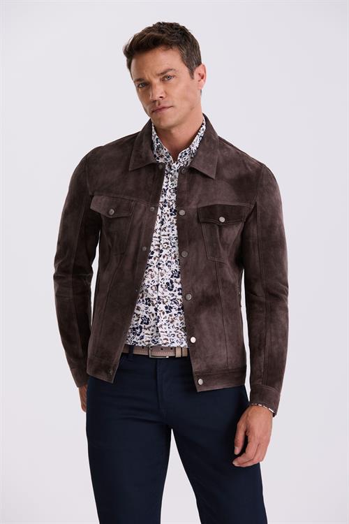 Kahve Comfort Fit Bebe Yaka Cepli %100 Deri Mont 