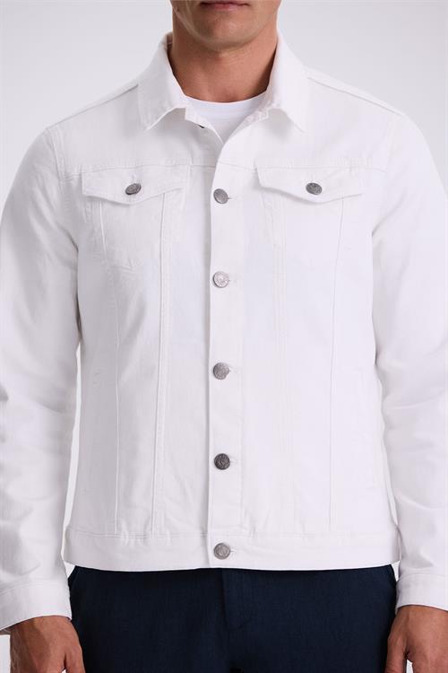 Beyaz Slim Fit Bebe Yaka Pamuklu Cepli Denim Kot Ceket