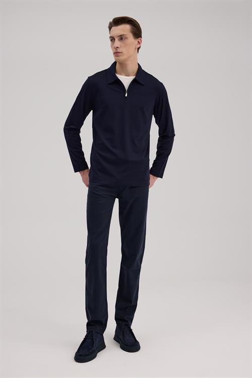 Lacivert Slim Fit Fermuarlı Polo Yaka Sweatshirt