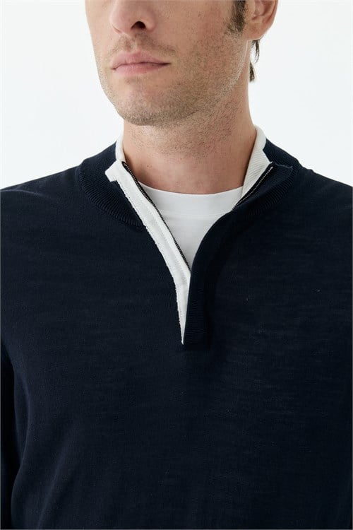Lacivert Slim Fit Yünlü Fermuarlı Triko