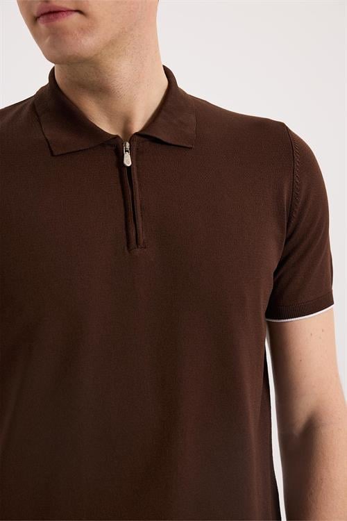 Kahve Dar Kalıp - Slim Fit T-Shirt Polo Yaka Fermuarlı