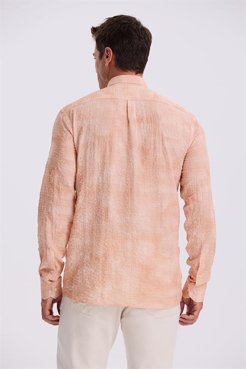 Turuncu Comfort Fit Gofre Kumaş Düğmeli Yaka Desenli Gömlek