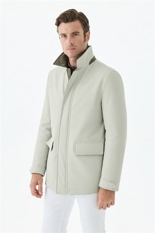 Ekru Comfort Fit Kadife Yaka Mont