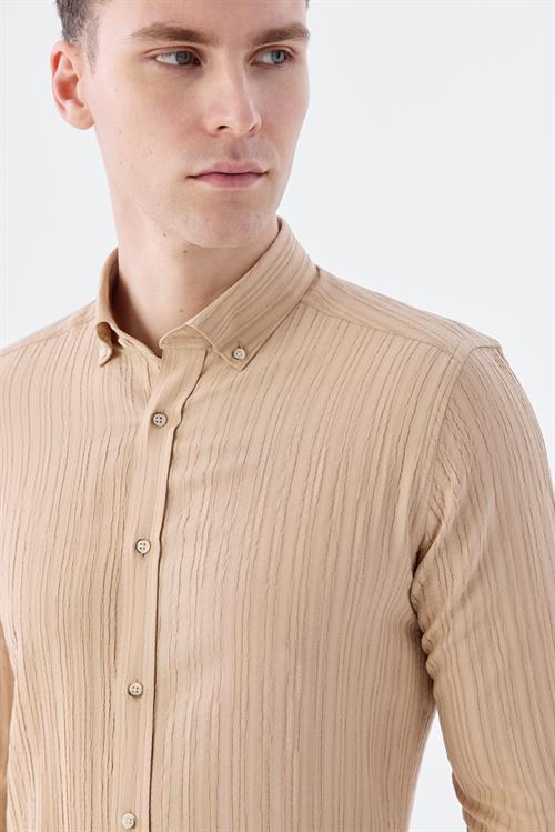 Dar Kalıp - Slim Fit Serili Gömlek-Jakamen  Yaka Alttan Düğmeli  Serili