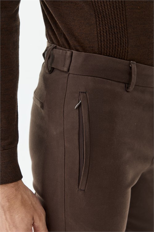 Kahve Comfort Fit Fermuarlı Cepli Kanvas Pantolon
