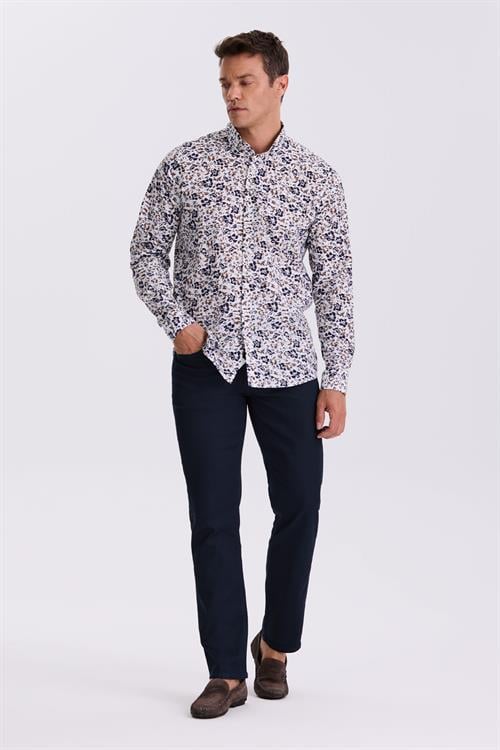 Koyu Lacivert Çiçek Desenli Yaka Düğmeli Comfort Fit Gömlek