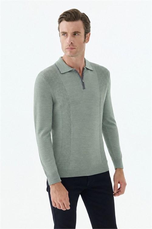 Yeşil Comfort Fit Merinos Yünlü Fermuarlı Polo Yaka Triko