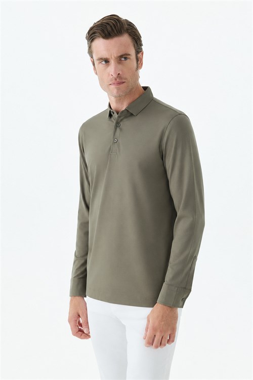 Haki Slim Fit Polo Yaka Sweatshirt