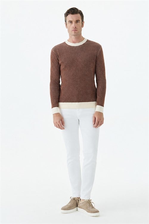Kahve Comfort Fit Desenli Bisiklet Yaka Triko
