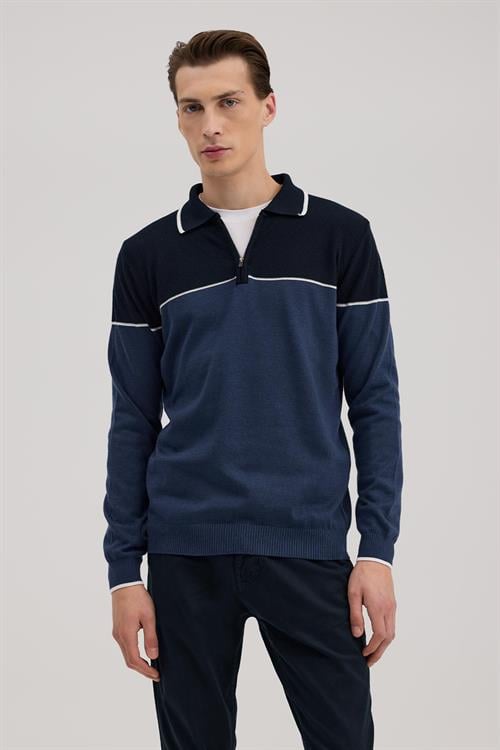 Mavi Slim Fit Fermuarlı Polo Yaka Triko