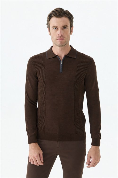 Kahve Comfort Fit Merinos Yünlü Fermuarlı Polo Yaka Triko
