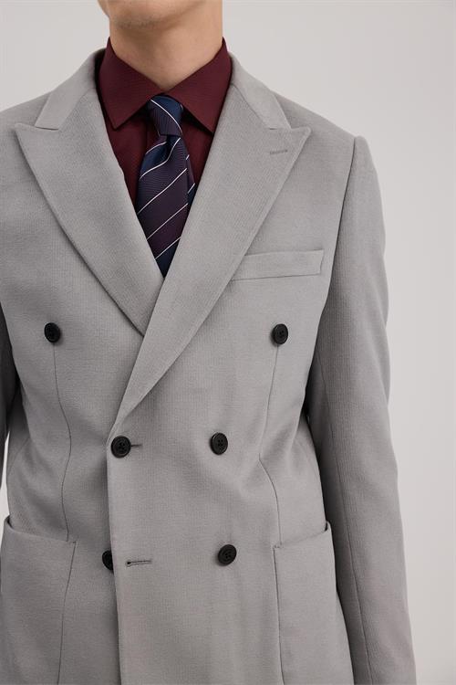Gri Dar Kalıp - Slim Fit Ceket Mono Yaka