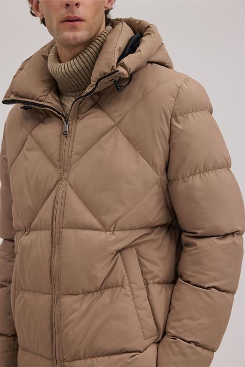 Bej Rahat Kalıp - Comfort Fit Mont Kapüşonlu