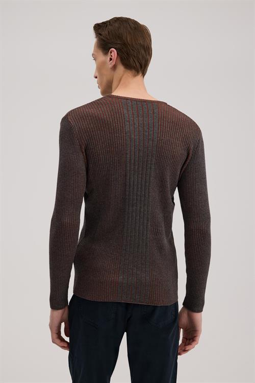 Antrasit Tarçın Slim Fit Desenli Bisiklet Yaka Triko