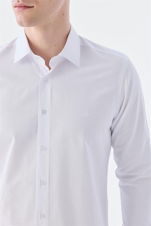 Beyaz Slim Fit İtalyan Yaka Uzun Kol Klasik Kravatlık Pamuklu Gömlek