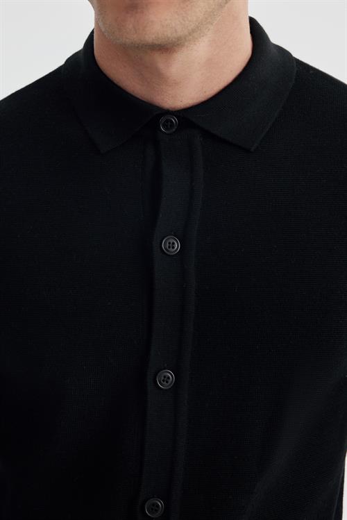 Siyah Slim Fit Yünlü Düğmeli Polo Yaka Triko