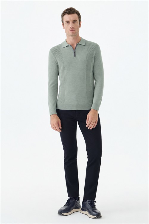 Yeşil Comfort Fit Merinos Yünlü Fermuarlı Polo Yaka Triko