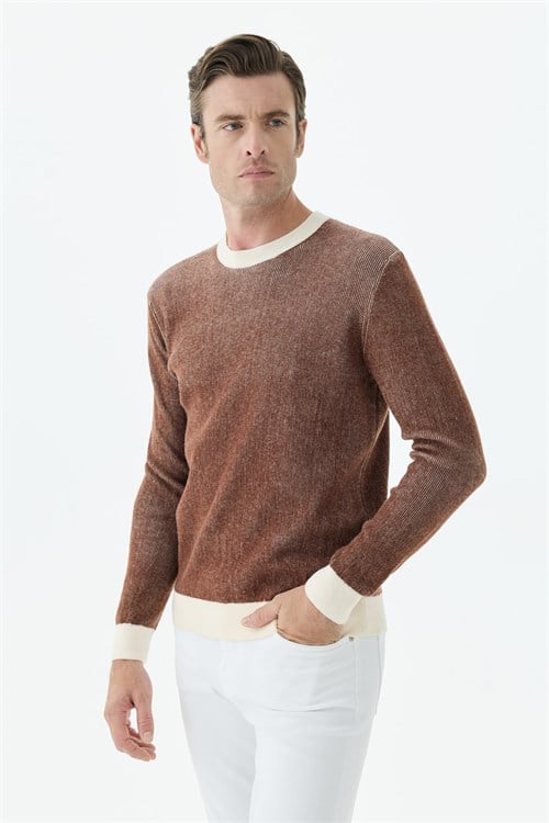 Kahve Comfort Fit Desenli Bisiklet Yaka Triko