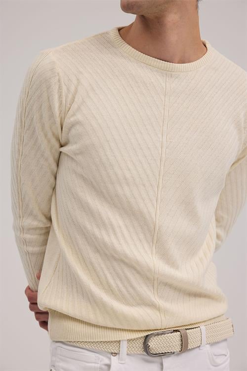 Bej Dar Kalıp - Slim Fit Triko Bisiklet Yaka