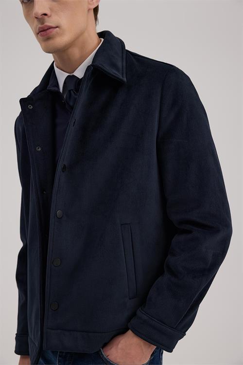 Lacivert Comfort Fit Hakim Yaka Kadife Mont