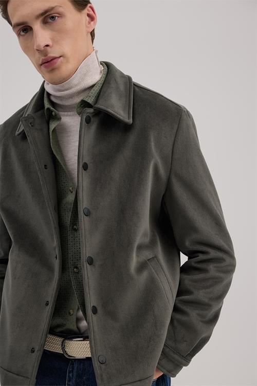 Haki Comfort Fit Klasik Yaka Kadife Mont