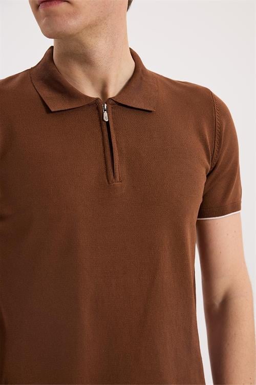 Turuncu Dar Kalıp - Slim Fit T-Shirt Polo Yaka Fermuarlı