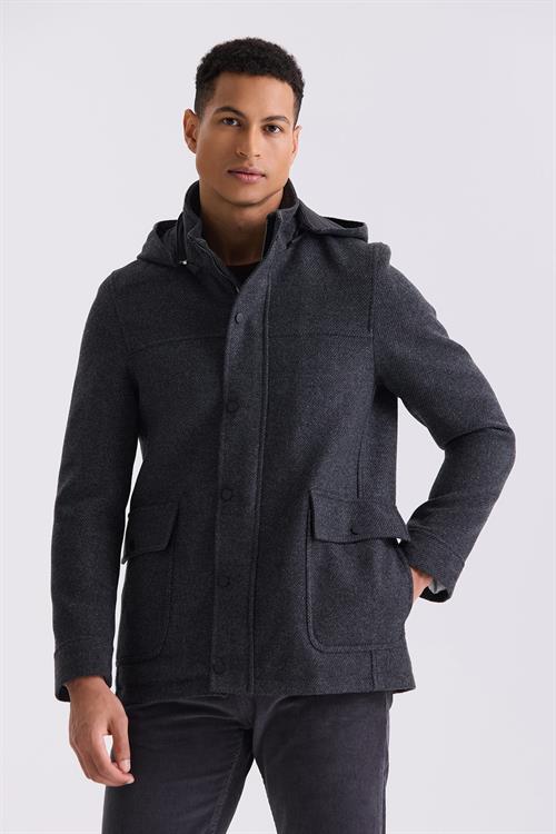 Koyu Lacivert Comfort Fit Hakim Yaka Desenli Kapüşonlu Yünlü Spor Kaban