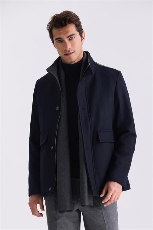 Lacivert Regular Fit Hakim Yaka Yünlü Spor Kaban