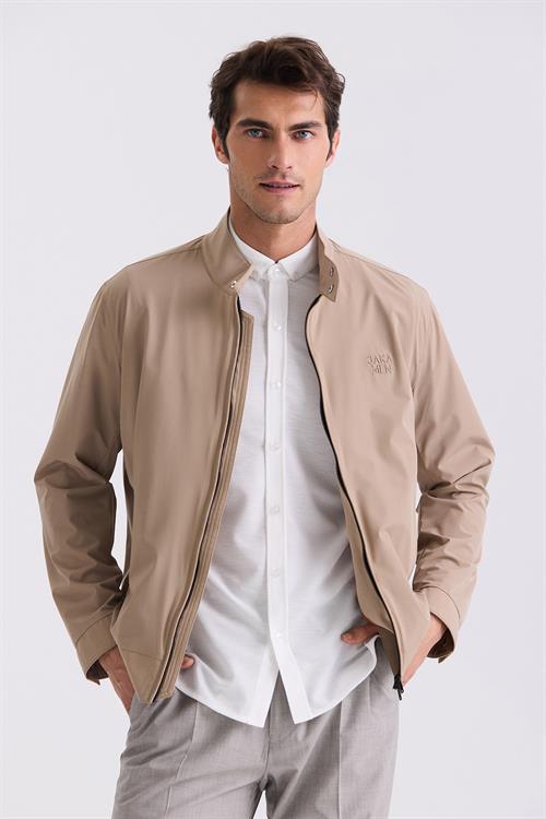 Bej Comfort Fit Dik Yaka Önü Fermuarlı Mevsimlik Mont