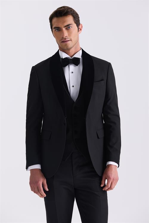 Siyah Slim Fit Şal Yaka Yelekli Smokin Takım Elbise