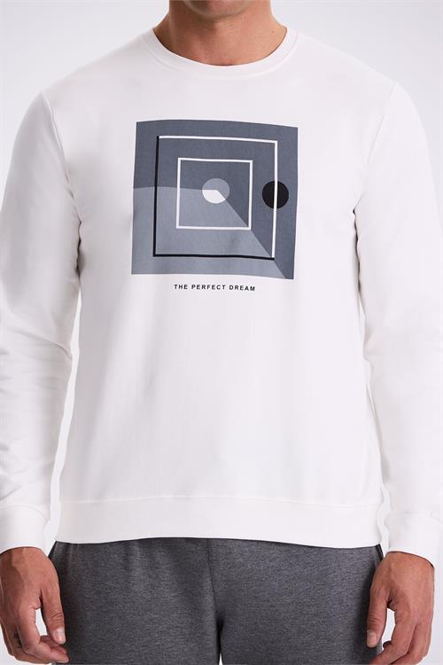 Ekru Slim Fit Bisiklet Yaka Baskılı %100 Pamuk Sweatshirt