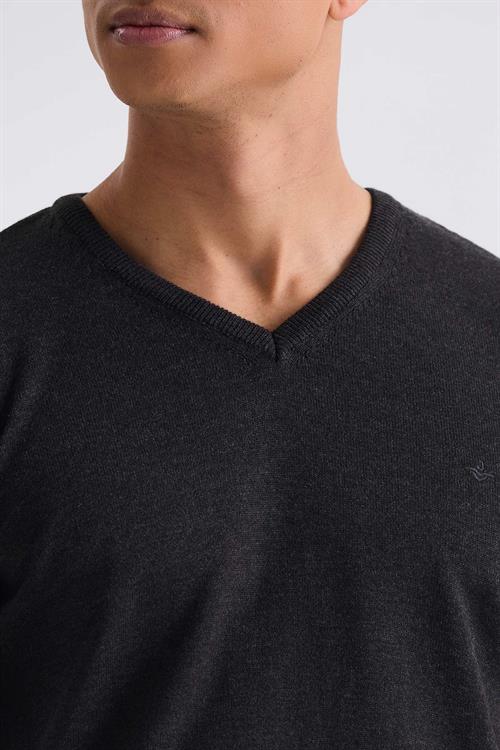 Antrasit Slim Fit V Yaka Triko Kazak