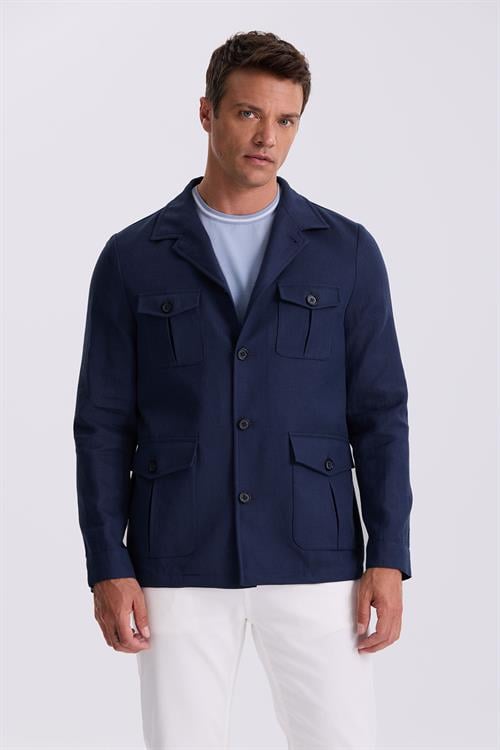 Lacivert Slim Fit Cepli Keten Pamuk Mevsimlik Safari Ceket 