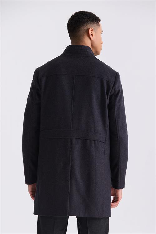 Koyu Lacivert1 Slim Fit Dik Yaka Balık Sırtı Desenli Yünlü Spor Kaban