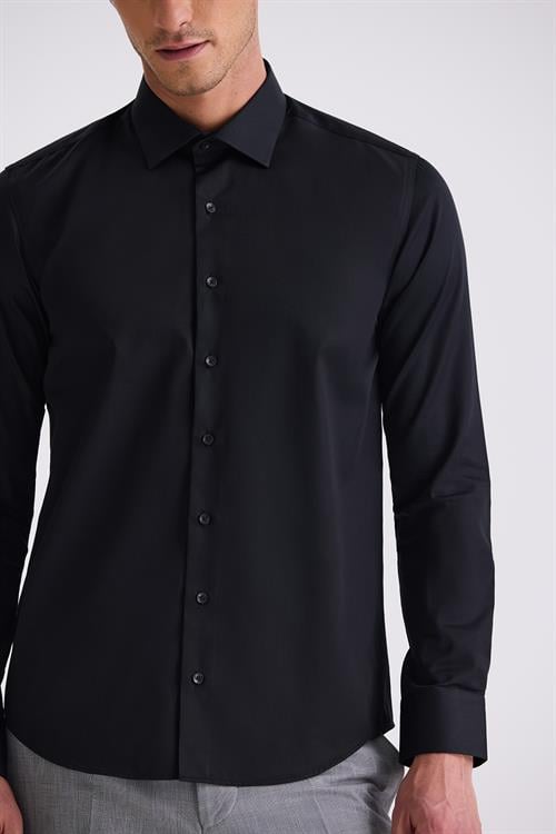 Siyah Slim Fit Basic Düğmeli %100 Pamuk Gömlek