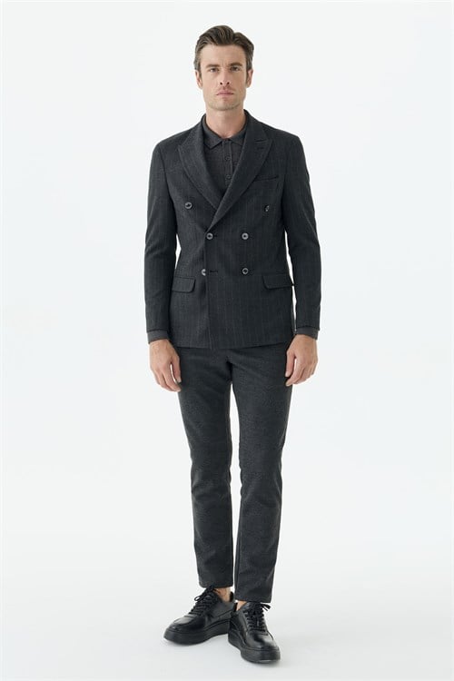 Antrasit Slim Fit Dik Yaka Kruvaze Ceket