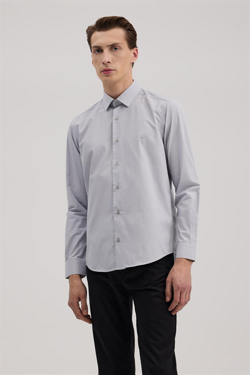 Gri Slim Fit İtalyan Yaka Klasik Kravatlık Pamuklu Gömlek