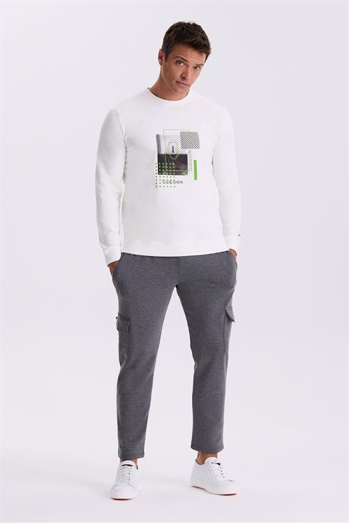 Ekru Slim Fit Baskılı Bisiklet Yaka Dar Kesim Baskılı %100 Pamuk Sweatshirt