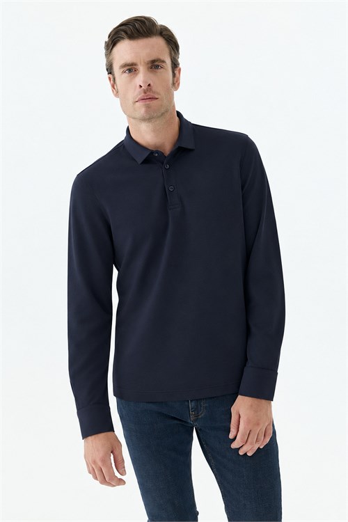 Lacivert Comfort Fit Polo Yaka Sweatshirt