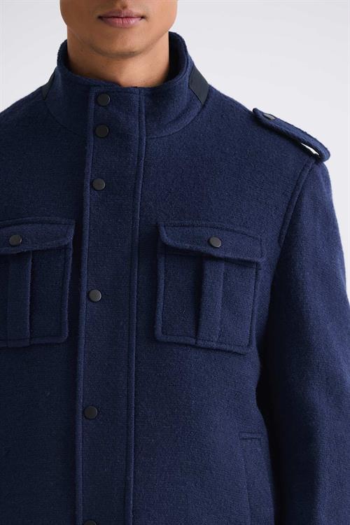 Lacivert Slim Fit Hakim Yaka Apoletli Desenli Spor Kaşe Kaban